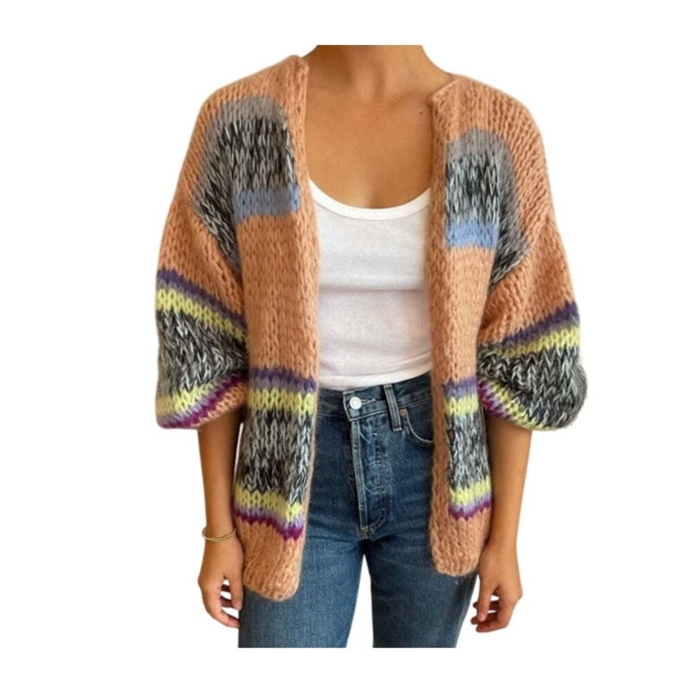 Maiami Galore Big Cardigan Hand-Knit Mohair Wool Multicolor Stripe Open Front XS